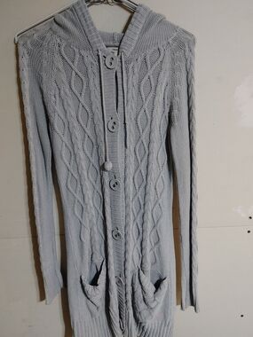 DKNY Light Gray Cable-Knit Hooded Long Cardigan